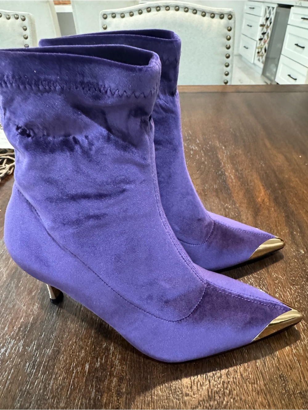 Purple Suede Pointed Toe Ankle Boots with Gold Cap